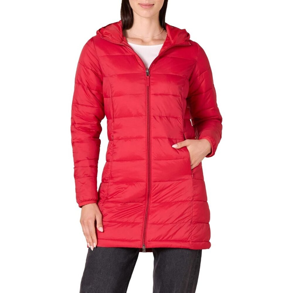 Women's Bright Poppy Red Lightweight Water-resistant Hooded Puffer Coat
